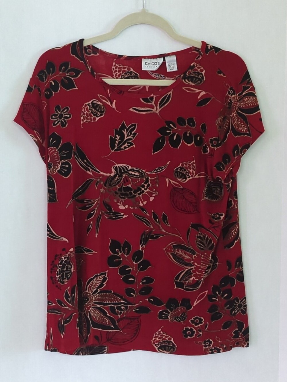 Chico's Travelers Red w Black & Tan Floral Short Sleeve Knit Top Size 2 (US M)